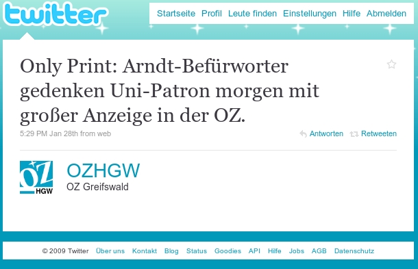 Screenshot OZHGW bei Twitter über Arndt-Anzeige Screenshot OZHGW bei Twitter über Arndt-Anzeige