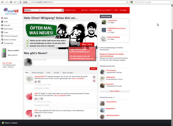 Screenshot des neuen Designs von studiVZ Screenshot des neuen Designs von studiVZ